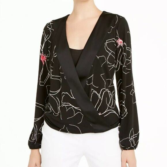 Alfani Womens Blouse Top Faux Wrap Floral Print Long Sleeves Black White Pink L - Picture 3 of 15